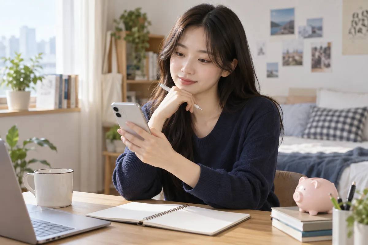 스마트폰과 노트를 보며 적금 신청을 준비하는 청년의 예시 이미지